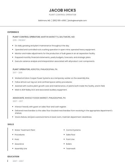 Plant Control Operator Resume