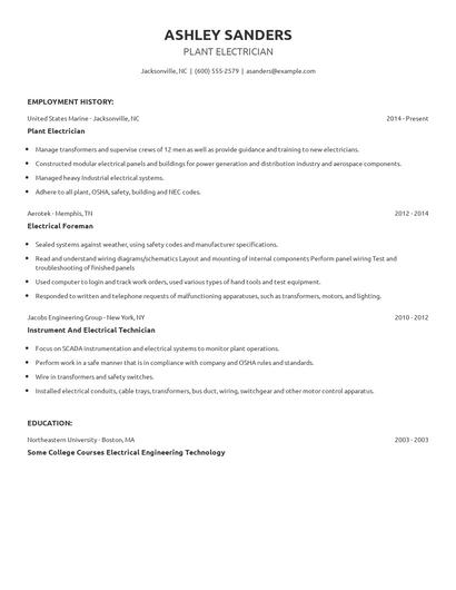 Plant Electrician Resume