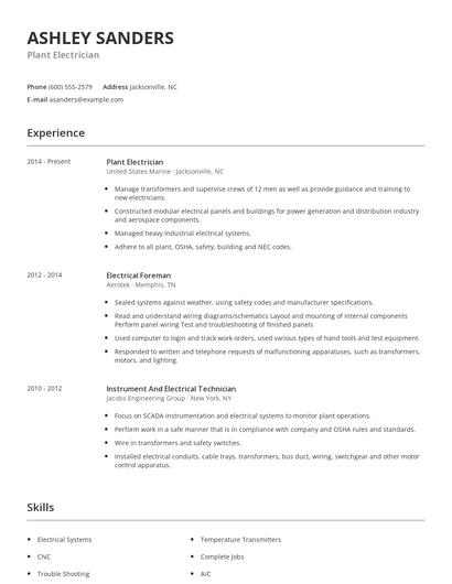 Plant Electrician Resume
