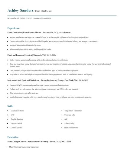 Plant Electrician Resume