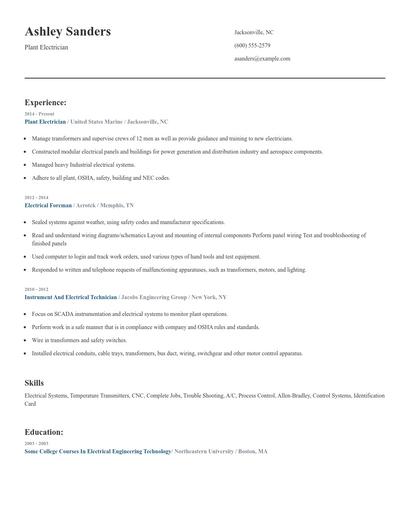 Plant Electrician Resume