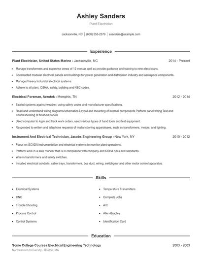 Plant Electrician Resume