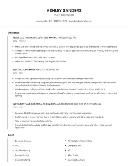 Plant Electrician Resume