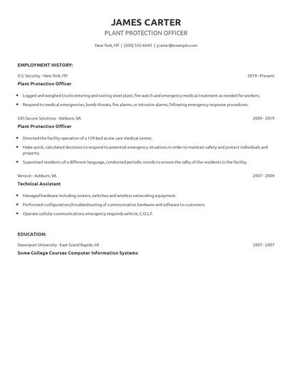 Plant Protection Officer Resume