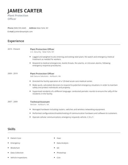 Plant Protection Officer Resume