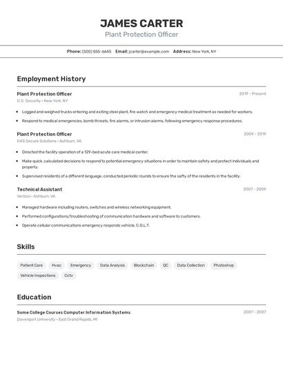 Plant Protection Officer Resume