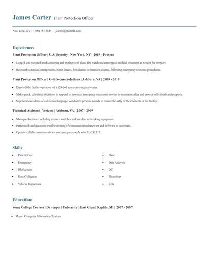 Plant Protection Officer Resume