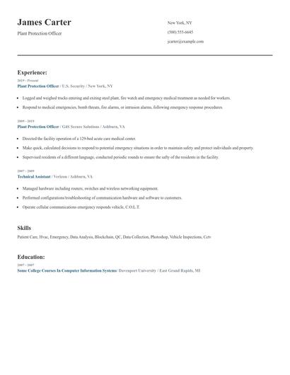 Plant Protection Officer Resume