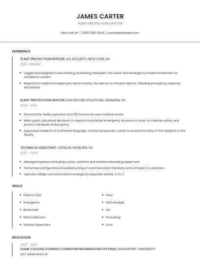 Plant Protection Officer Resume