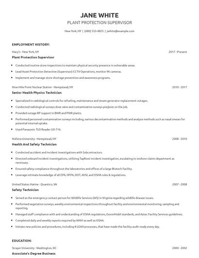 Plant Protection Supervisor Resume