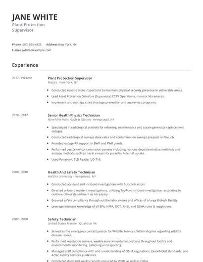 Plant Protection Supervisor Resume