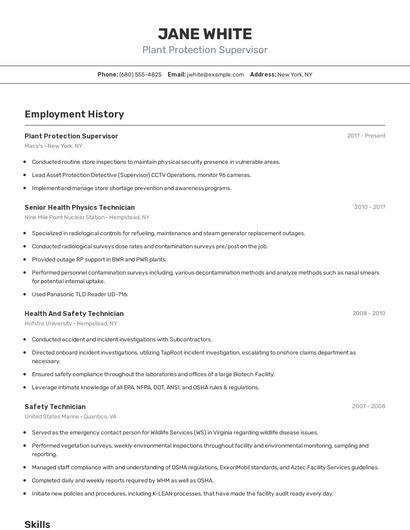 Plant Protection Supervisor Resume