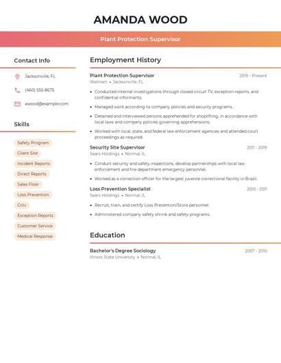 Plant Protection Supervisor Resume