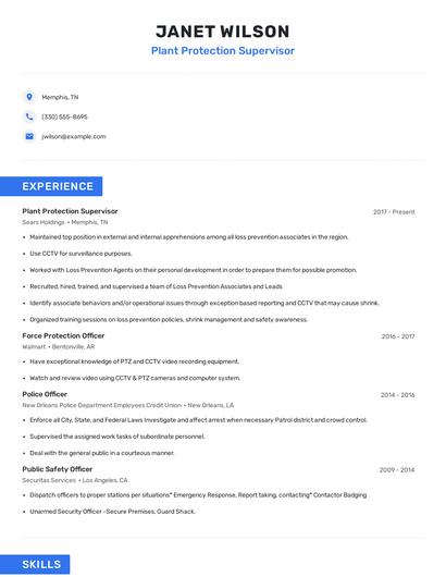 Plant Protection Supervisor Resume