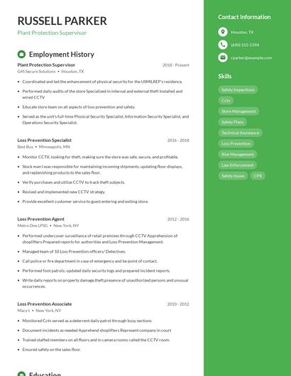 Plant Protection Supervisor Resume