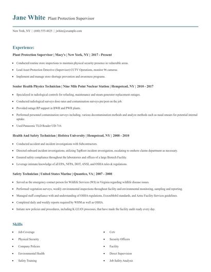 Plant Protection Supervisor Resume