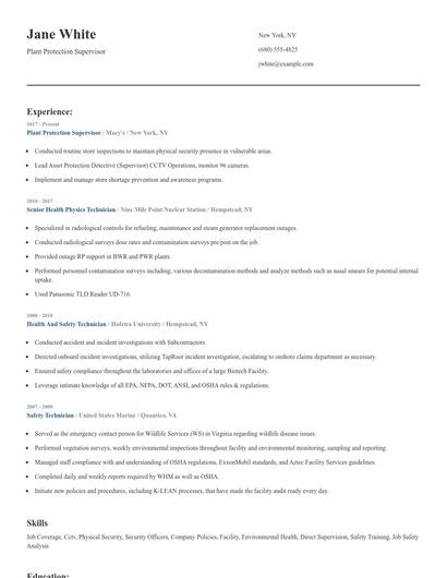 Plant Protection Supervisor Resume