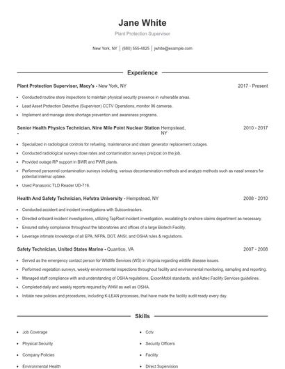 Plant Protection Supervisor Resume