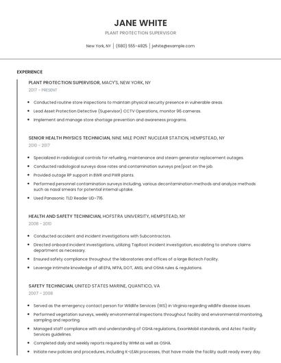 Plant Protection Supervisor Resume