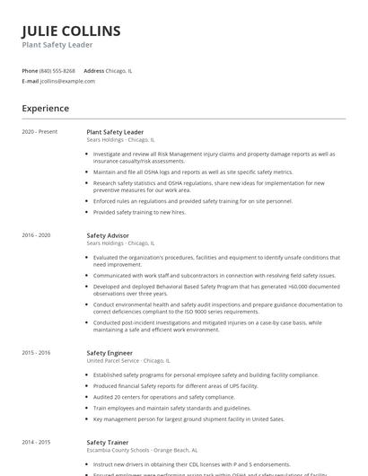 Plant Safety Leader Resume