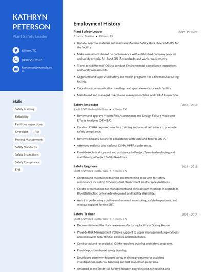 Plant Safety Leader Resume