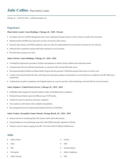 Plant Safety Leader Resume