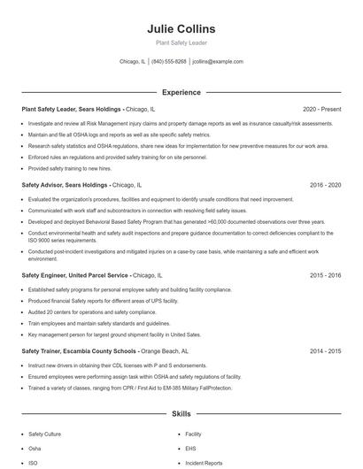 Plant Safety Leader Resume