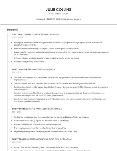 Plant Safety Leader Resume