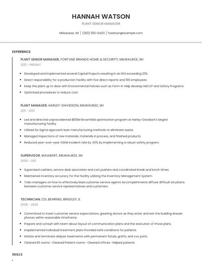 Plant Senior Manager Resume