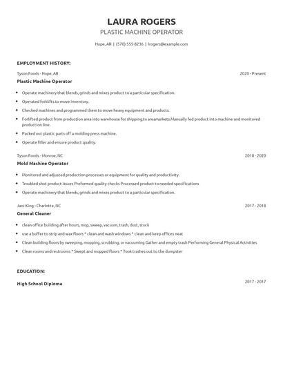 Plastic Machine Operator Resume