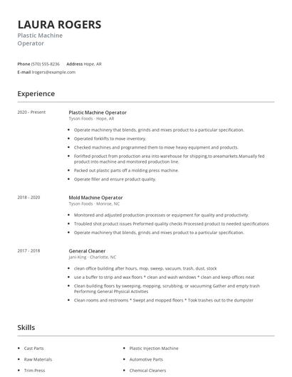 Plastic Machine Operator Resume