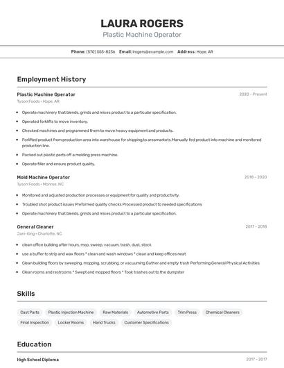 Plastic Machine Operator Resume