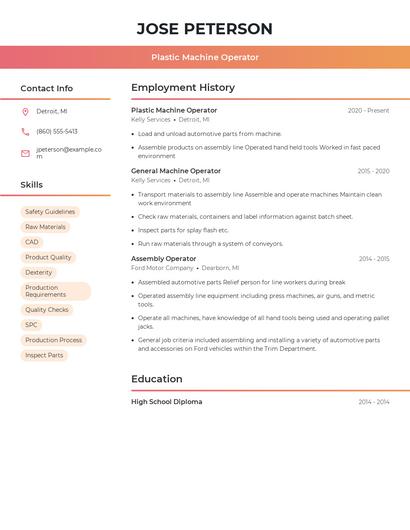 Plastic Machine Operator Resume