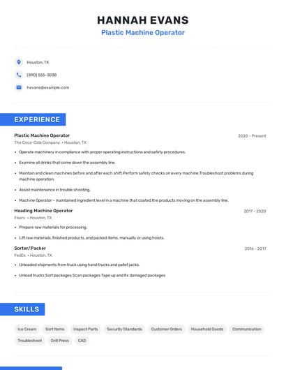 Plastic Machine Operator Resume