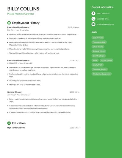 Plastic Machine Operator Resume
