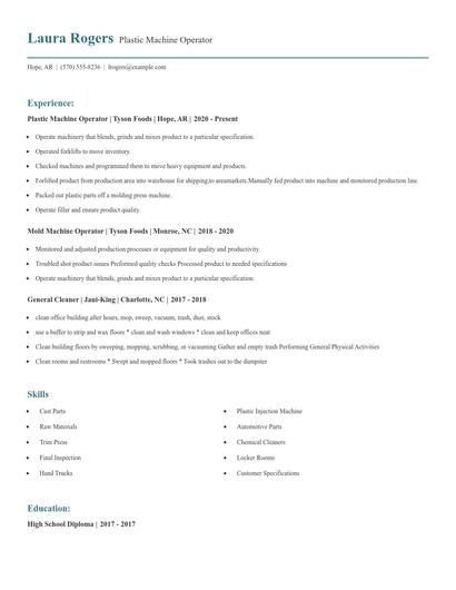 Plastic Machine Operator Resume