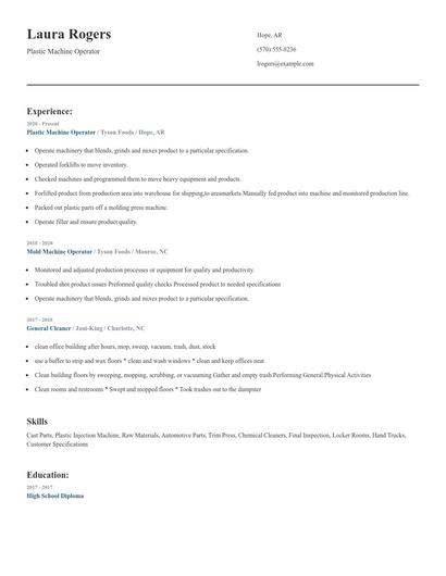Plastic Machine Operator Resume