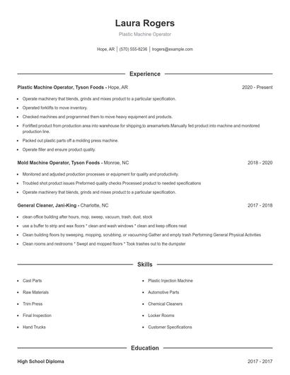 Plastic Machine Operator Resume