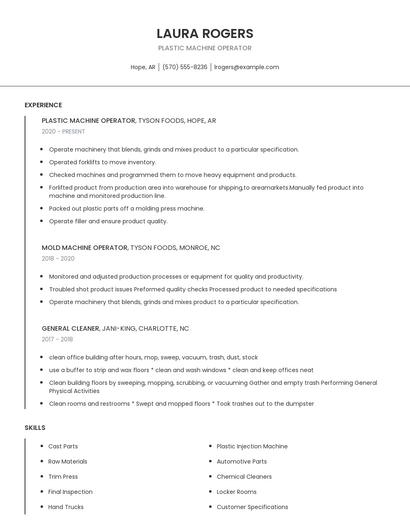 Plastic Machine Operator Resume