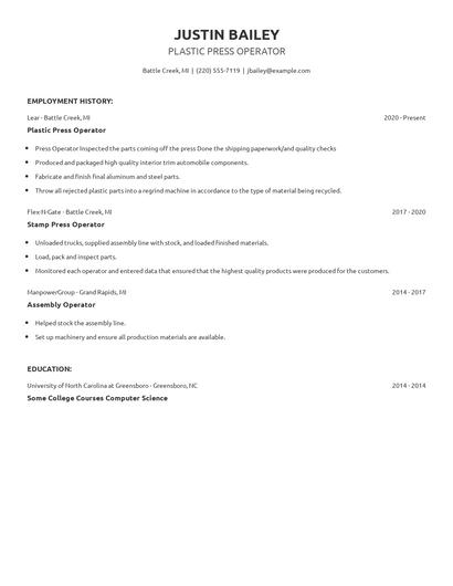 Plastic Press Operator Resume
