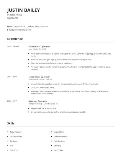 Plastic Press Operator Resume