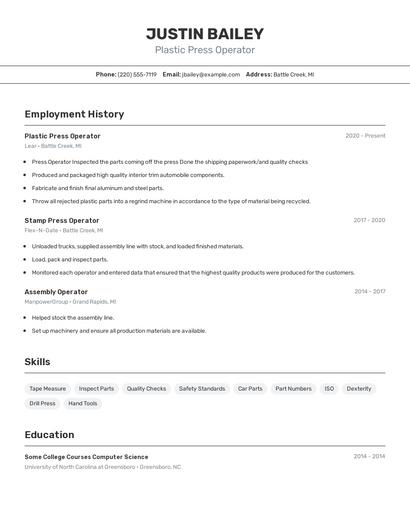 Plastic Press Operator Resume