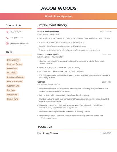 Plastic Press Operator Resume