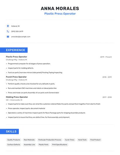 Plastic Press Operator Resume