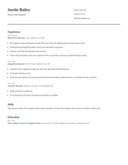 Plastic Press Operator Resume
