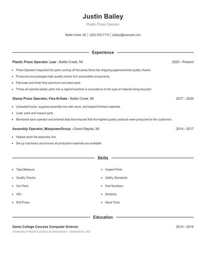 Plastic Press Operator Resume