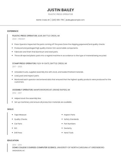 Plastic Press Operator Resume