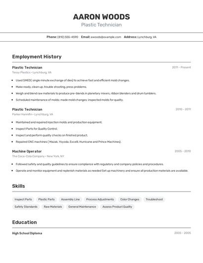 Plastic Technician Resume