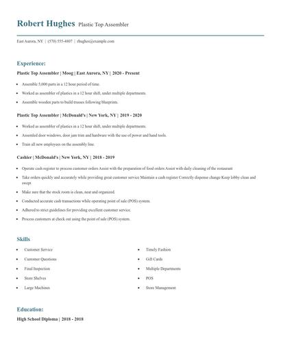 Plastic Top Assembler Resume