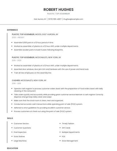 Plastic Top Assembler Resume
